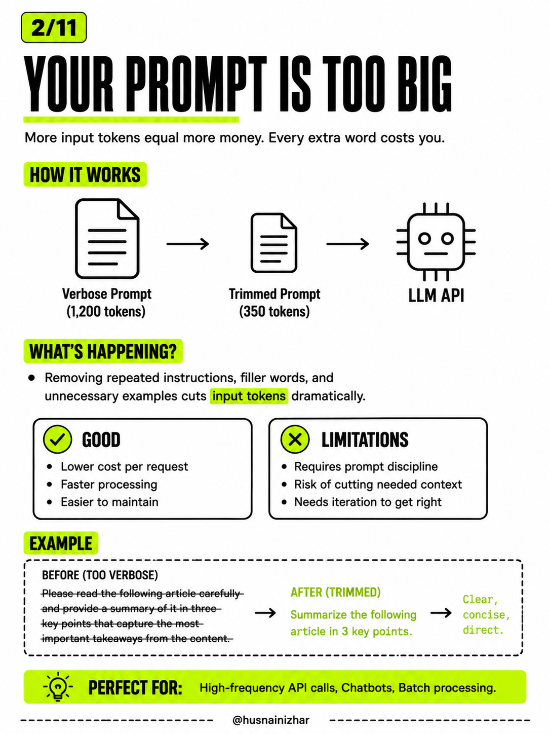 Your prompt is too big — trim filler words and repeated instructions to cut token costs