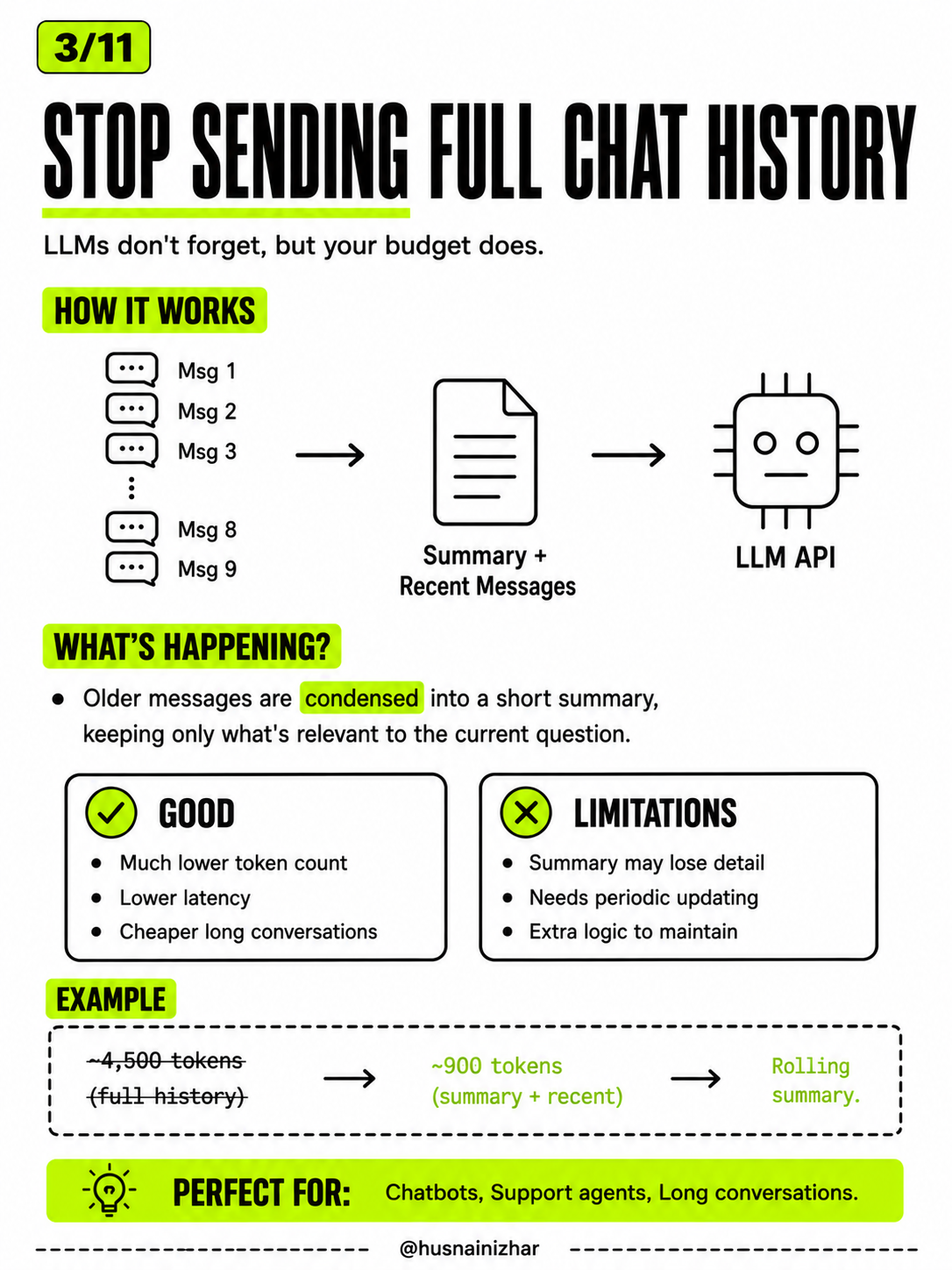 Stop sending full chat history — use rolling summaries to reduce token count in conversations