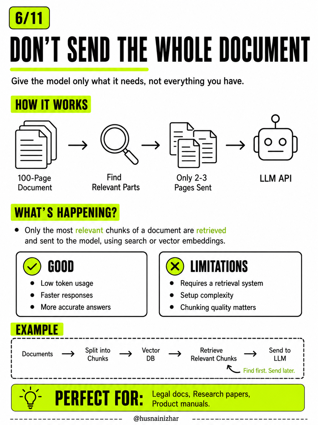Don't send the whole document — use RAG to retrieve only relevant chunks before calling the LLM